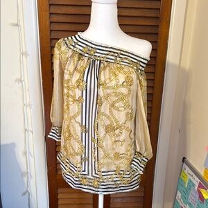 Elegant Women's XS Off-Shoulder Chain Print Blouse by Cache!